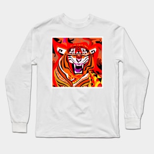 king ecopop tiger in asian zodiac fire pattern art Long Sleeve T-Shirt